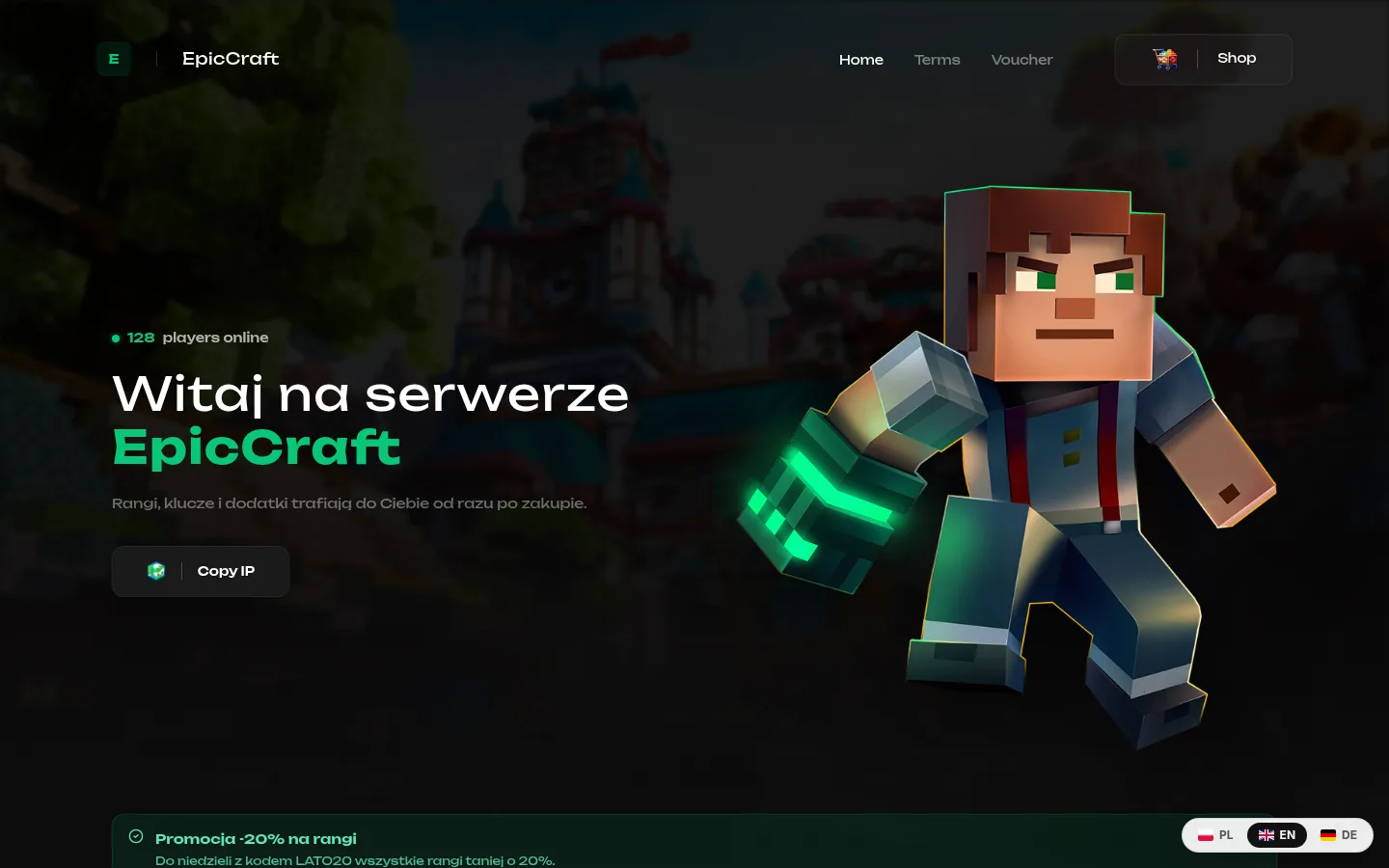 Fusion: A dark template with a full-screen header, an online player counter and an elegant product grid.